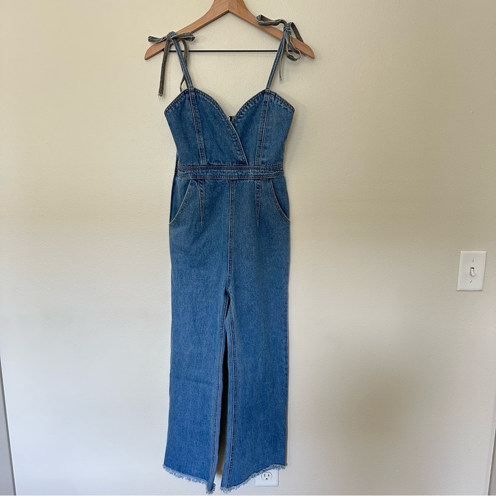 Denim Tie-Shoulder Jumpsuit in Blue